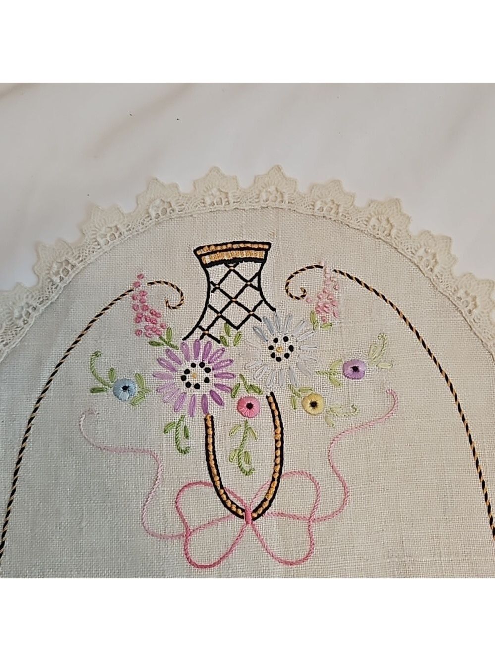 Vintage Hand Stitched Needlepoint Doily Oval Floral - Picture 9 of 17